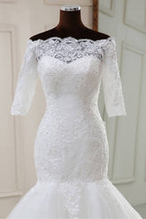 White Lace Off-the-Shoulder Half Sleeve Trumpet Wedding Dress